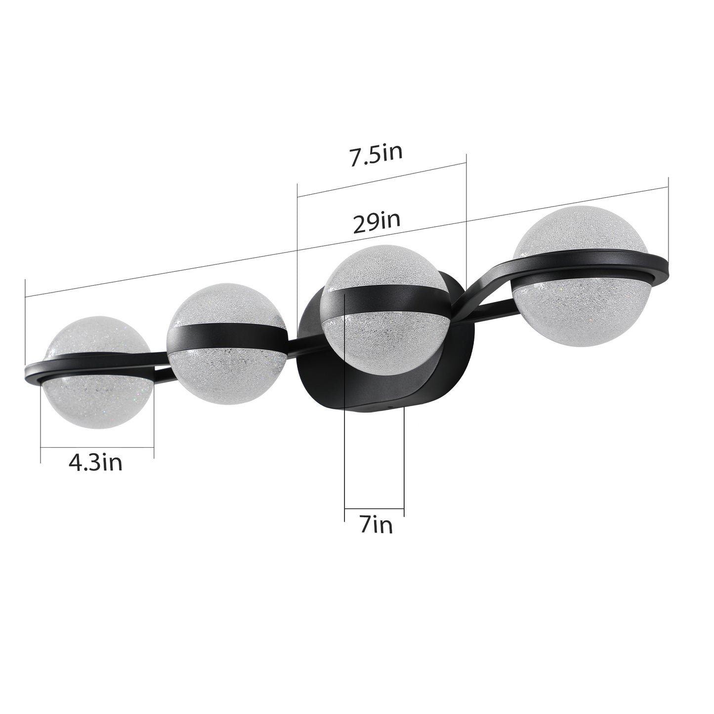 YANSUN 30"Black LED Bathroom Vanity Light with Crystal Sand Acrylic Shades, 4-Ligh Decorative WallLighting Fixturefor Bathroom Vanity Mirror