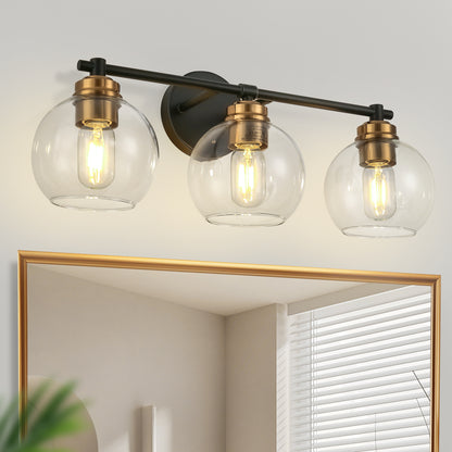 YANSUN 22 in. 3-Light Black and Gold for Bathroom Vanity Light with Clear Glass Shades Wall Sconce