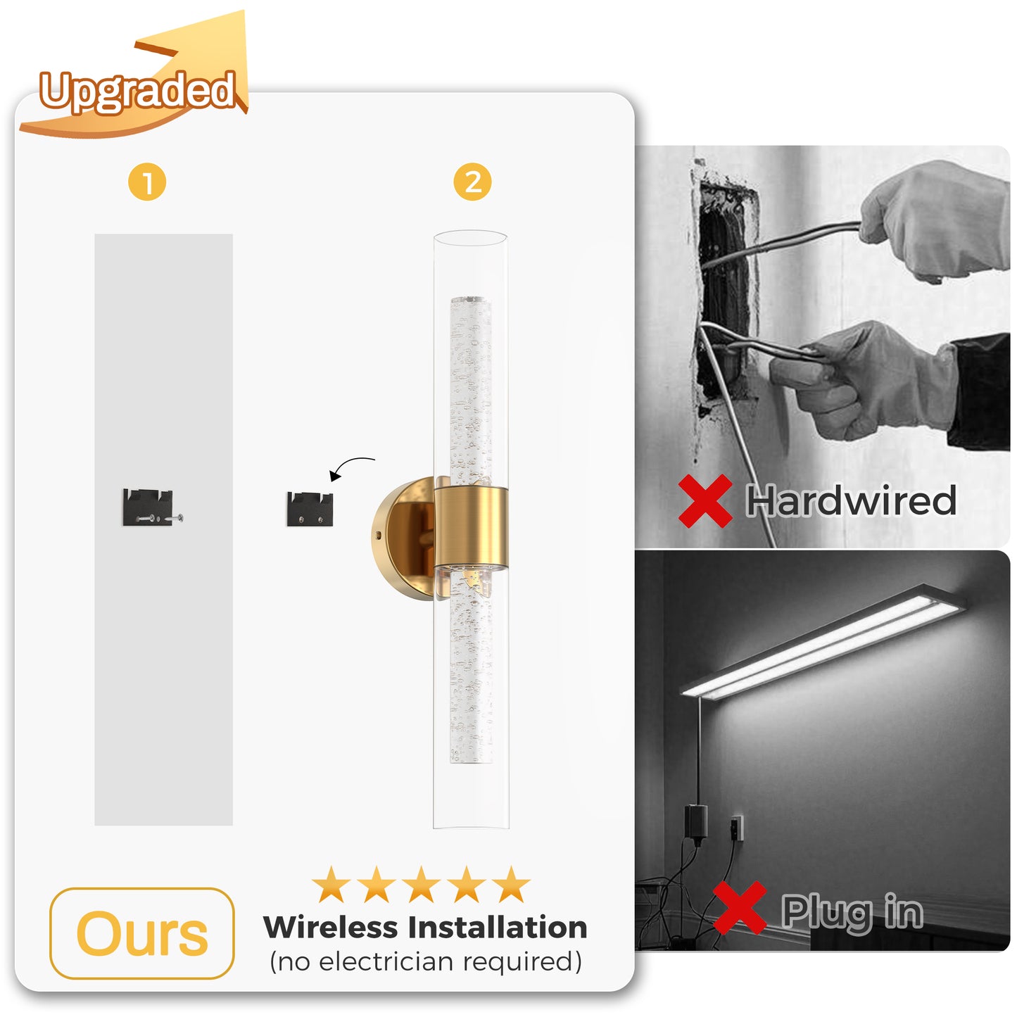 YANSUN 2-Pack Bubble Acrylic Copper LED Wall Sconce Remote Control Remote Timer Dimmable Wall Light for Living Room Hallway