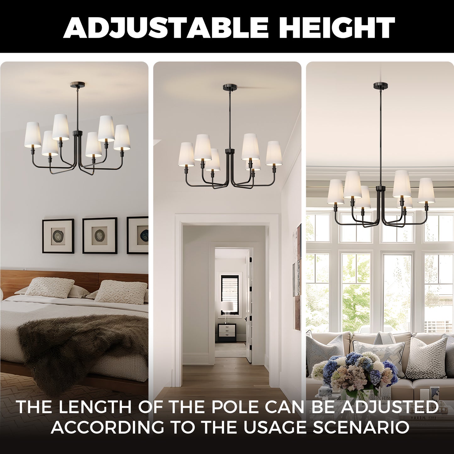YANSUN 6-Light Industrial Black Chandelier with Tapered Fabric Shade E12 for Dining Room or Foyer Kitchen (Bulbs No Included)