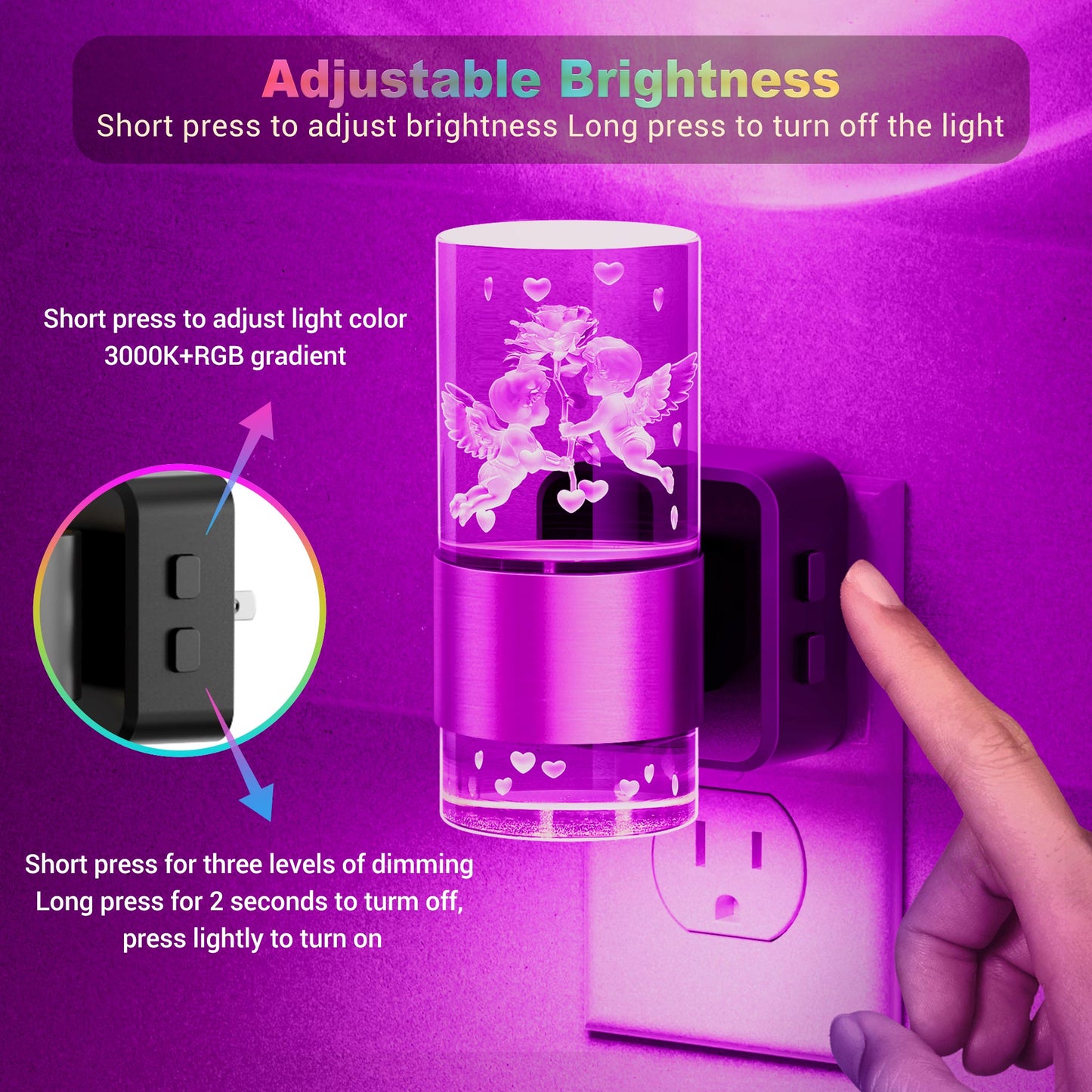 YANSUN 1W Plug-in Light Control Night Light, 3D Engraved Cupid & Gold Ring Design, RGB + 2700K, Adjustable Brightness, Black & Copper Finish