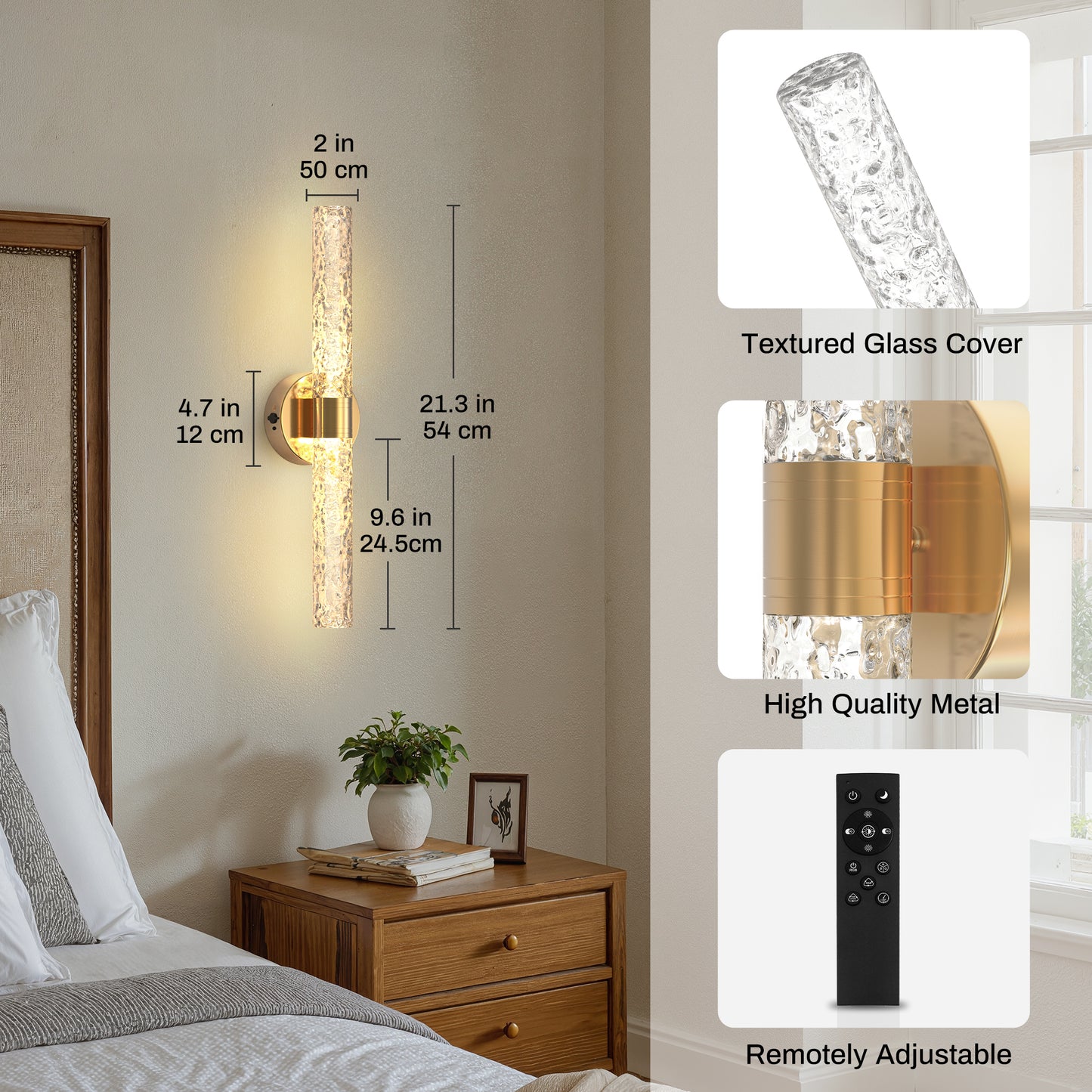 YANSUN Set of 2 Stone-Texture Glass Linear LED Indoor Wall Lights, Copper Finish, Integrated LED, RGBCW