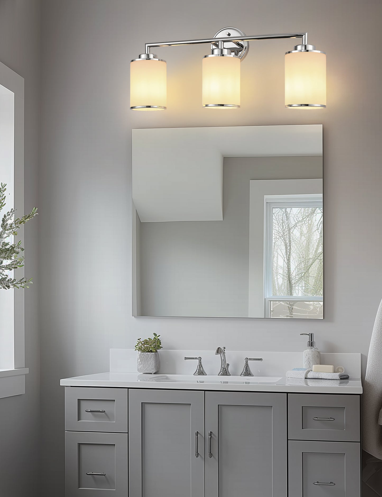 YANSUN 17 in. 3-Light Chrome Vanity Light with Frosted Cylinder Glass Shades Stylish Modern Wall Sconce for Vanity Powder Room