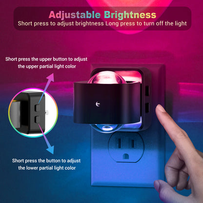 YANSUN 2W Color Changing Cylinder Integrated LED Plug-In Night Light, Black, Amber+RGB+Gradient, Up & Down Beam, 2-Pack