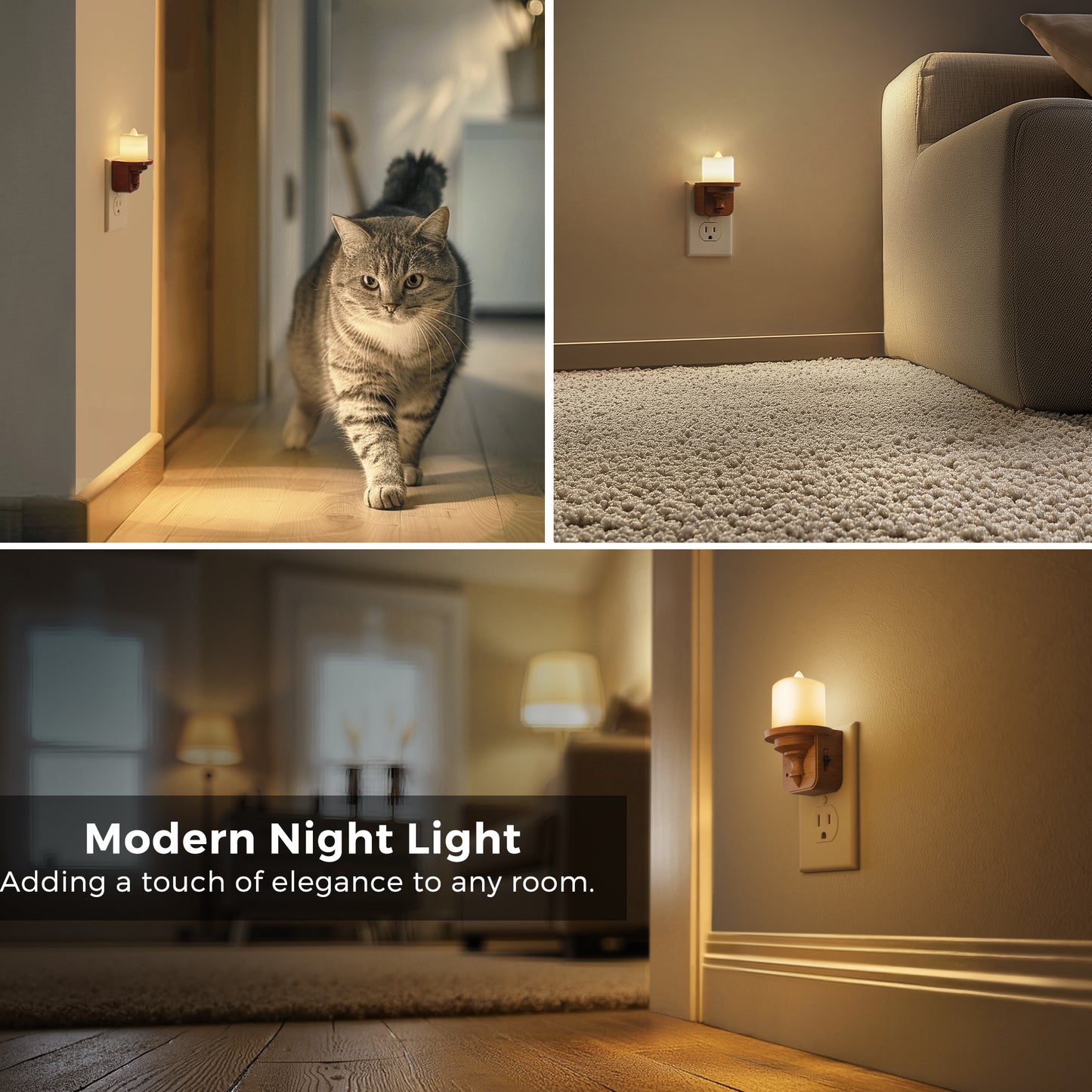 YANSUN 2-Pack 1W Plug-In Dusk to Dawn Candle Night Light, Warm 2700K LED, Wood-Grain Plastic Housing, Slide Dimmer, US 2-Prong Plug