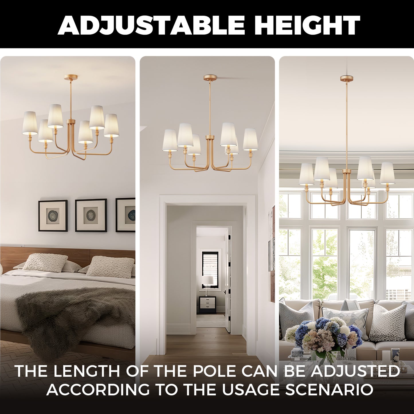 YANSUN 6-Light Chandelier with Straight Tubular Arms and Inverted Cone Fabric Shades, Gold Finish, E12 Bulbs Not Included