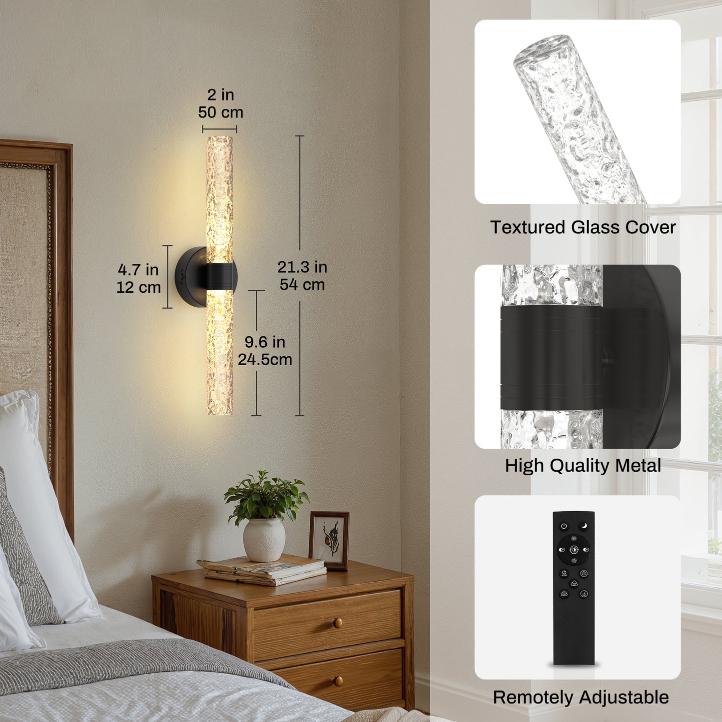 YANSUN Set of 2 Stone-Texture Glass Linear LED Wall Lights, Matte Black Finish, Integrated LED, 6W, RGBCW