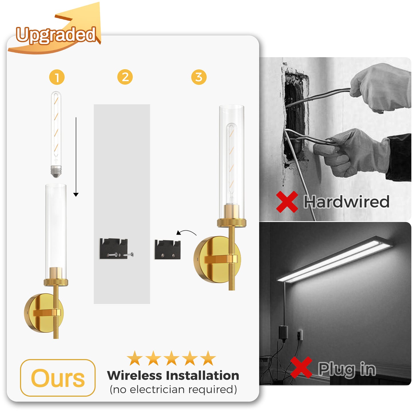 YANSUN 2-Pack Cylinder Copper Wall Sconce Remote Control Remote Timer Dimmable Wall Light with Clear Glass for Living Room