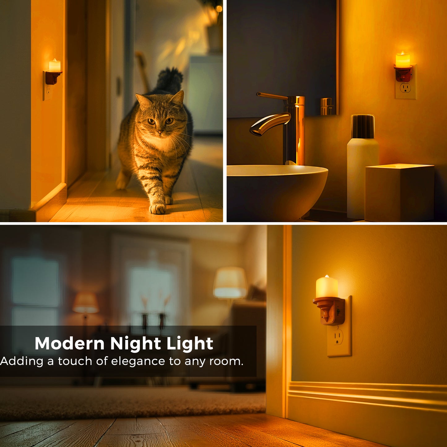 YANSUN 2-Pack 1W Plug-in Night Light with Amber 1600K, Dusk to Dawn Sensor, Slide Dimmer, Wood Grain Finish
