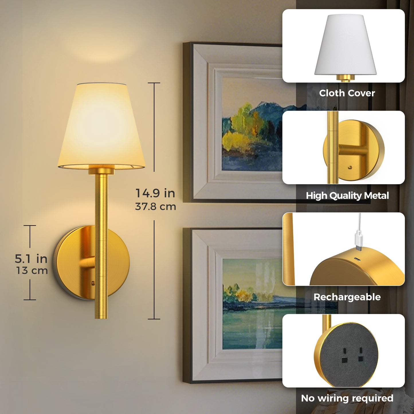 YANSUN 2-Pack Fabric wall lamp Copper LED Wall Sconce RGBCW Remote Control Remote Timer Dimmable Wall Light for Living Room