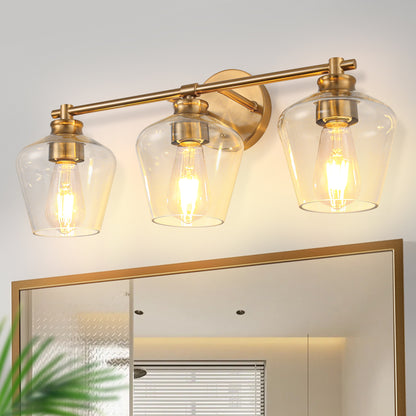 YANSUN 22 in. Gold 3-Light Vanity Light for Bathroom with Clear Wine Glass Shade and No Bulbs Included