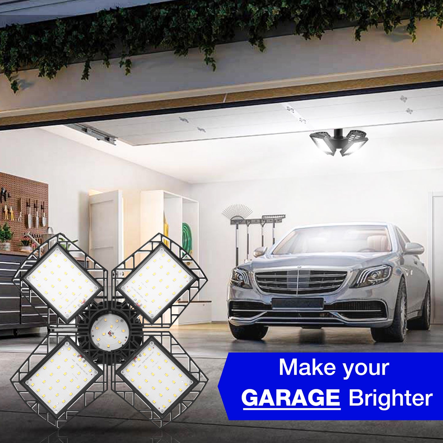 YANSUN LED Garage Light 4 Panel E26, 8000LM 6000K Deformable Ceiling Light, 38W High Brightness Shop Light for Garage Basement Workshop