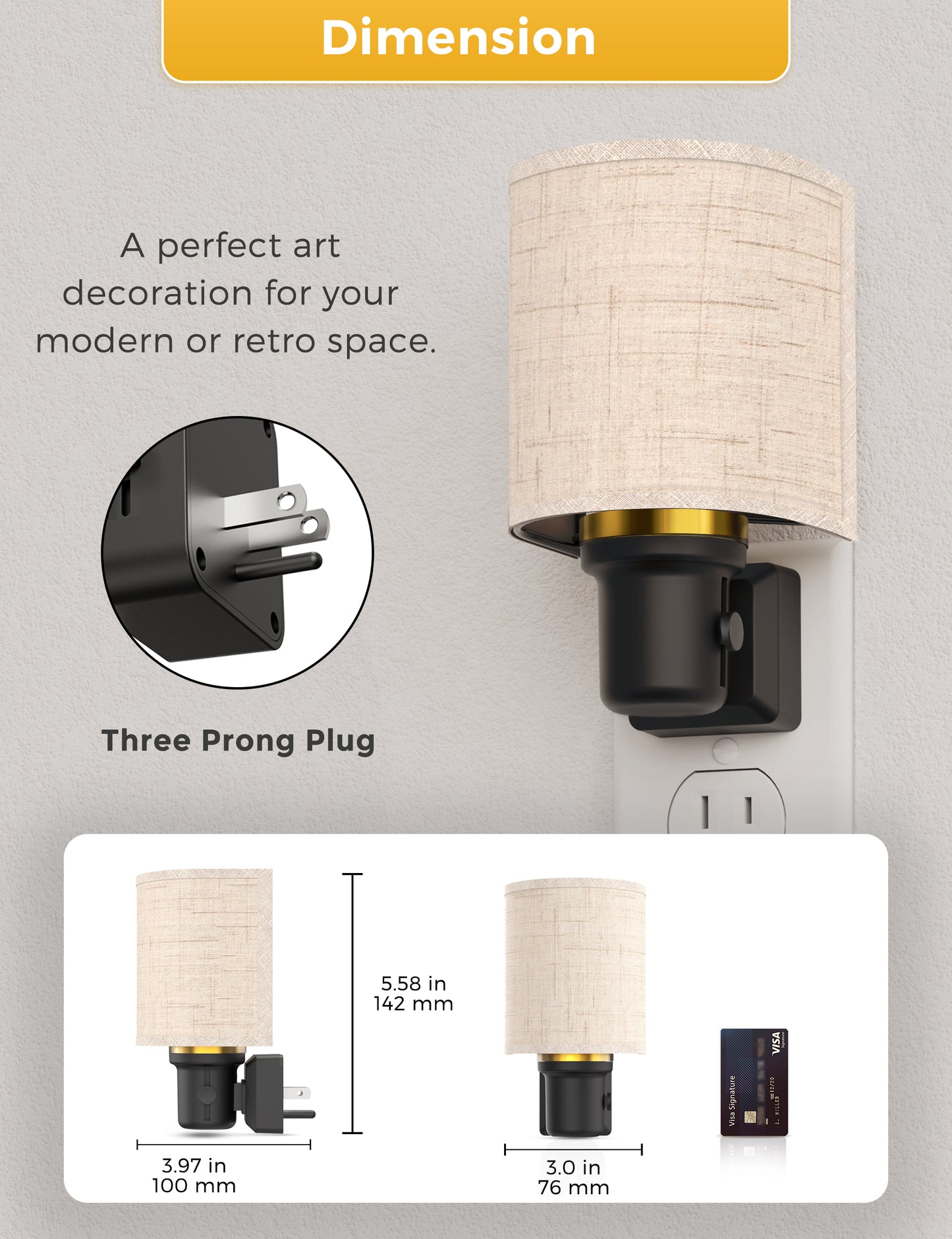 YANSUN 1-Pack 1W Plug-In Dimmable Night Light with Fabric Shade, Warm 2700K LED, Slide Dimmer, US 3-Prong Plug ???¡ì?C Black Base & Copper Finish Accent