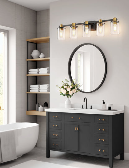 YANSUN 32 in. 5-Light Black Gold Vanity Light for Bathroom with Clear Glass Shade Wall Sconce