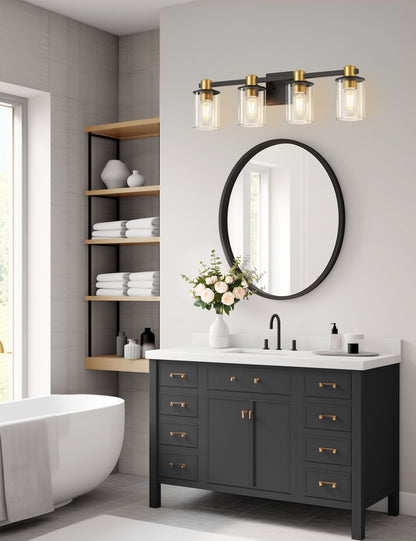 YANSUN 26 in. 4-Light Black and Gold Bathroom Vanity Light with Clear Glass Shades, E26 Wall Sconce Fixture