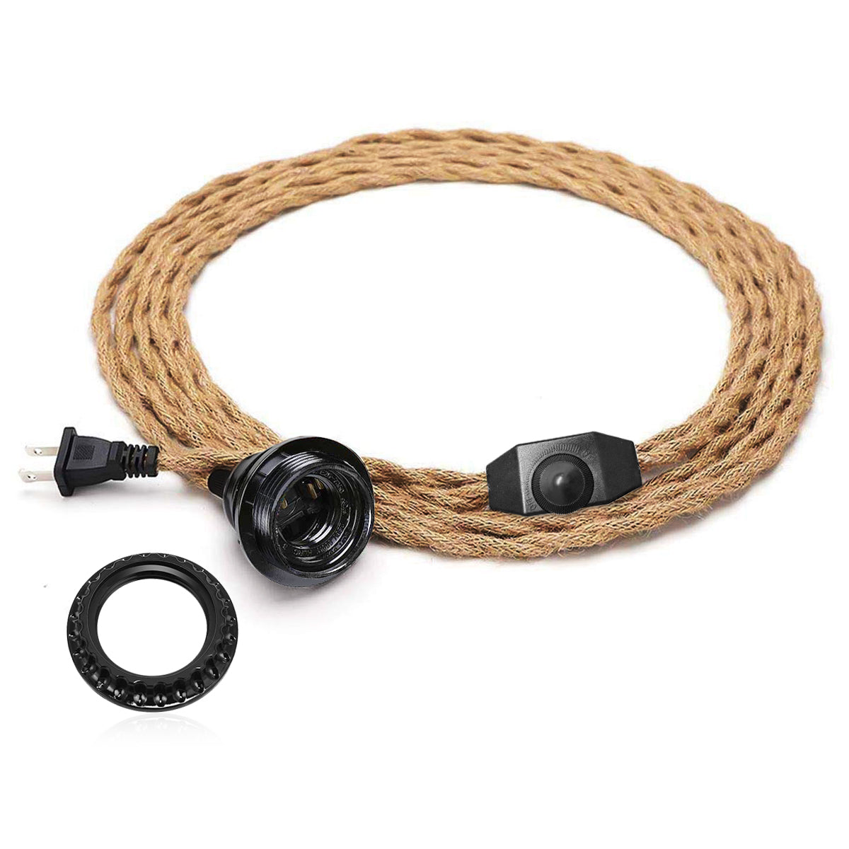 YANSUN 1-Light Golden Vintage Plug-In Hanging Pendant with Hemp Rope and Dimmer Switch