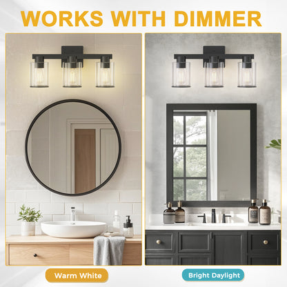 YANSUN 3-Light Industrial Bathroom Vanity Light Matte Black Glass Wall Fixture ETL Certified E26