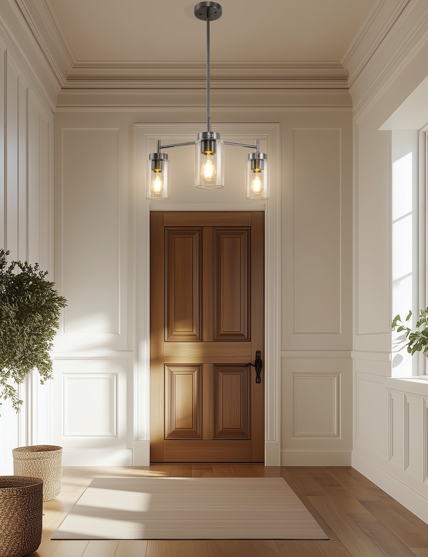 YANSUN 3-Light Chandelier in Brushed Nickel with Clear Glass Shades, a Modern Pendant Light Fixture for Kitchen or Dining Room