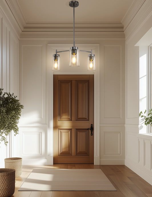 YANSUN 3-Light Chandelier in Brushed Nickel with Clear Glass Shades, a Modern Pendant Light Fixture for Kitchen or Dining Room