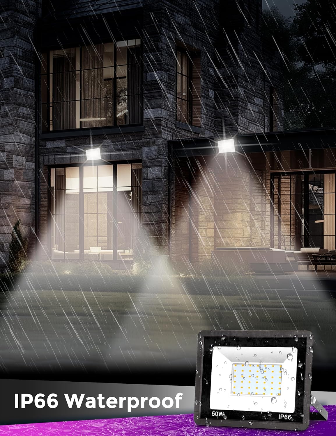 YANSUN 2-Pack Graphene LED Flood Light, Plug-in Motion Sensor, 50W 2300LM, 6000K White Light, IP65 Outdoor Security Floodlight