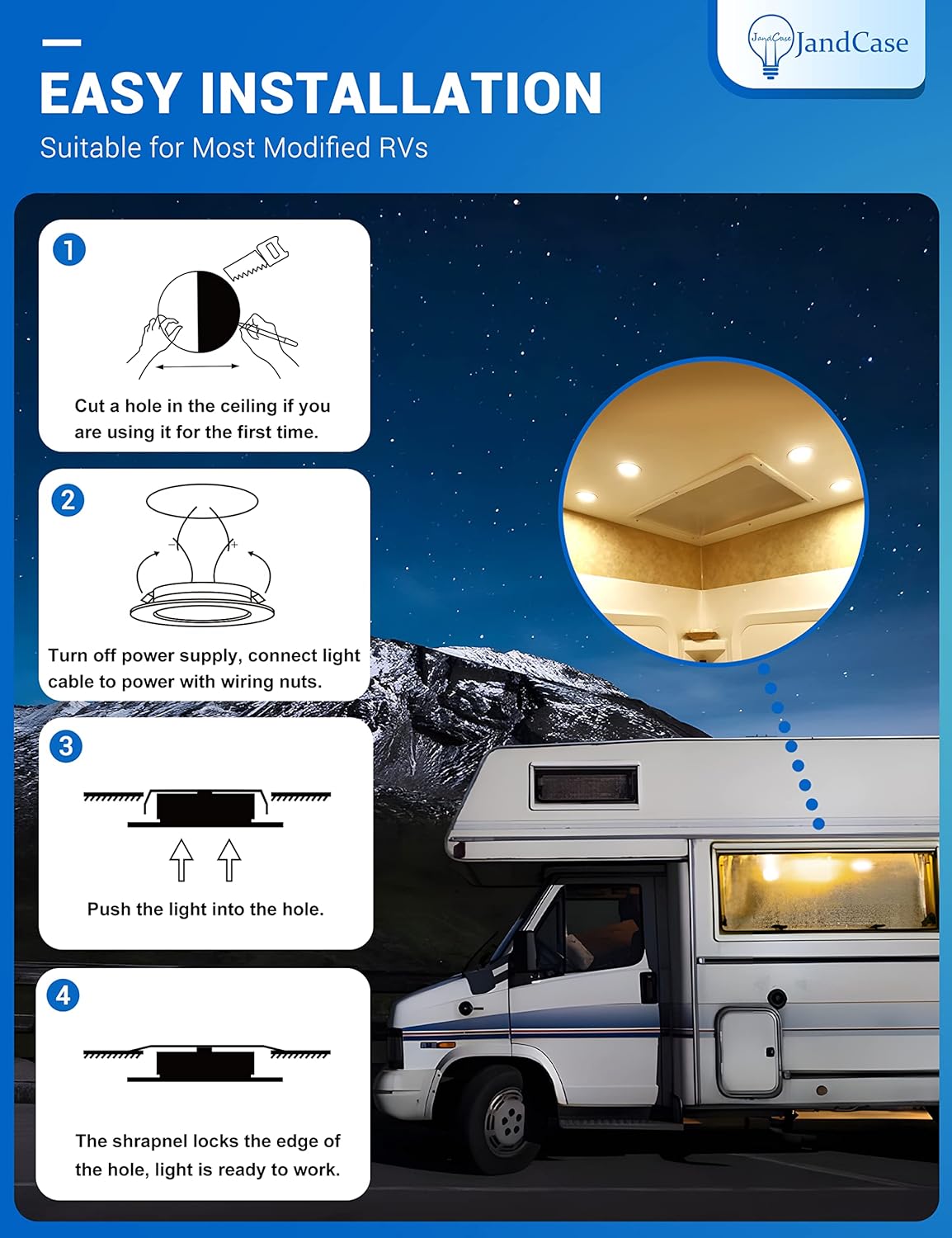 YANSUN4-Pack 5W RV Recessed Downlight, 3000K Warm White Dimmable LED, IP44 Waterproof, with Wiring Nuts for Easy Installation