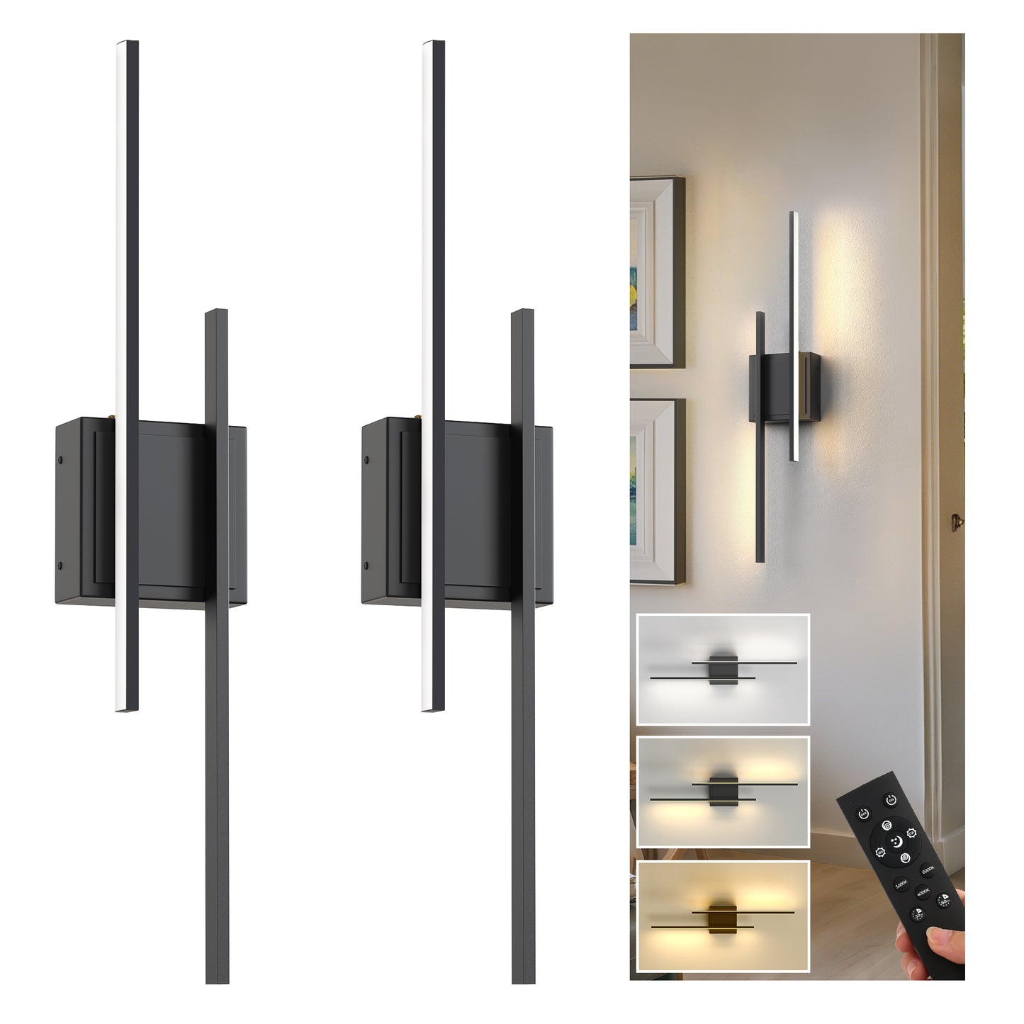 YANSUN 24 in. 2-Pack Linear Black LED Wall Sconce Dimmable Wall Light for Living Room Hallway