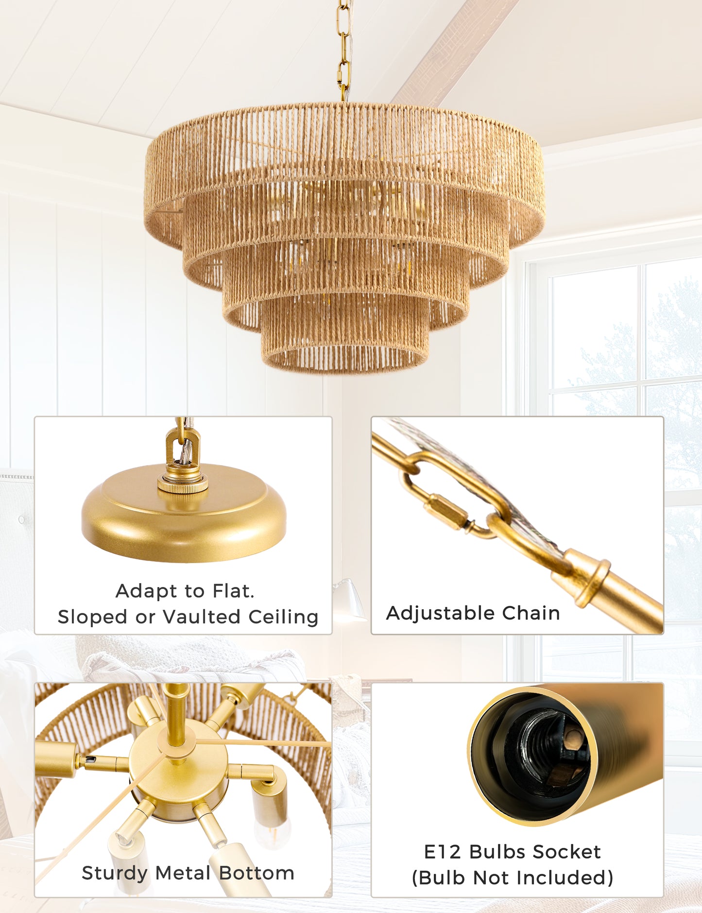 YANSUN  6-Light Boho Chandelier with Woven Rattan Shades, Copper Finish Multi-Tier Decorative Hanging Fixture