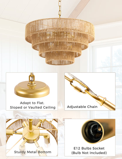 YANSUN  6-Light Boho Chandelier with Woven Rattan Shades, Copper Finish Multi-Tier Decorative Hanging Fixture