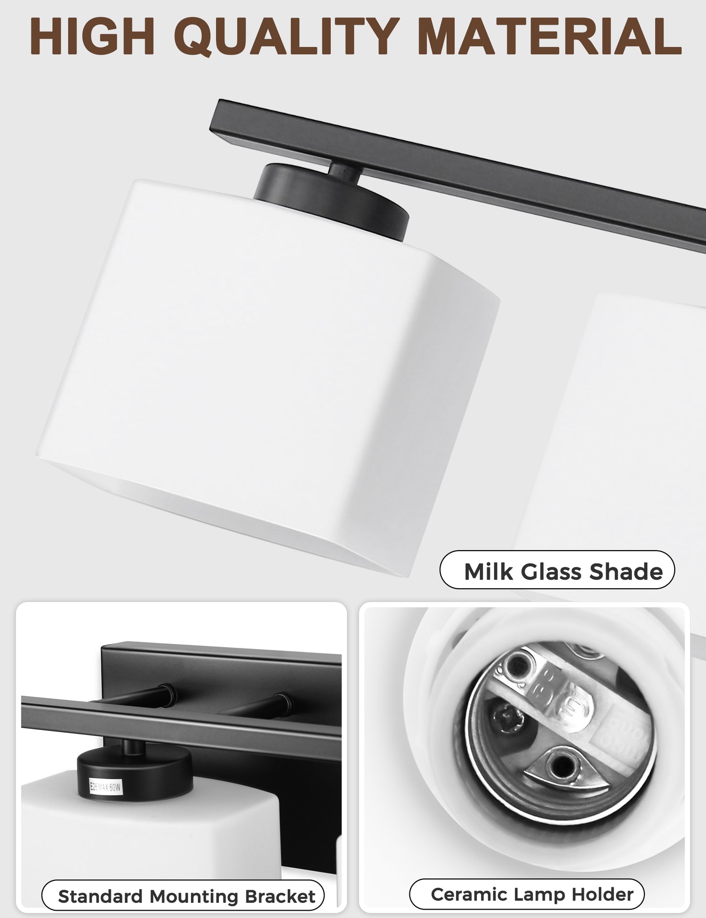 YANSUN 40 in. 5 Light Matte Black Vanity Light with White Glass Shades for Bathroom and No Bulbs Included