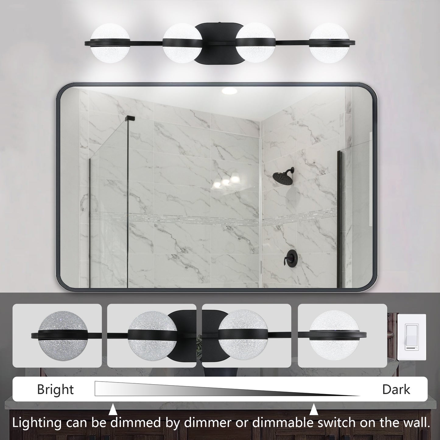 YANSUN 30"Black LED Bathroom Vanity Light with Crystal Sand Acrylic Shades, 4-Ligh Decorative WallLighting Fixturefor Bathroom Vanity Mirror