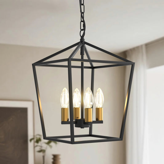 YANSUN 4-Head Pendant Light, American Vintage Farmhouse Style,  Birdcage Design, Black and Gold Hanging Light, E12 Base
