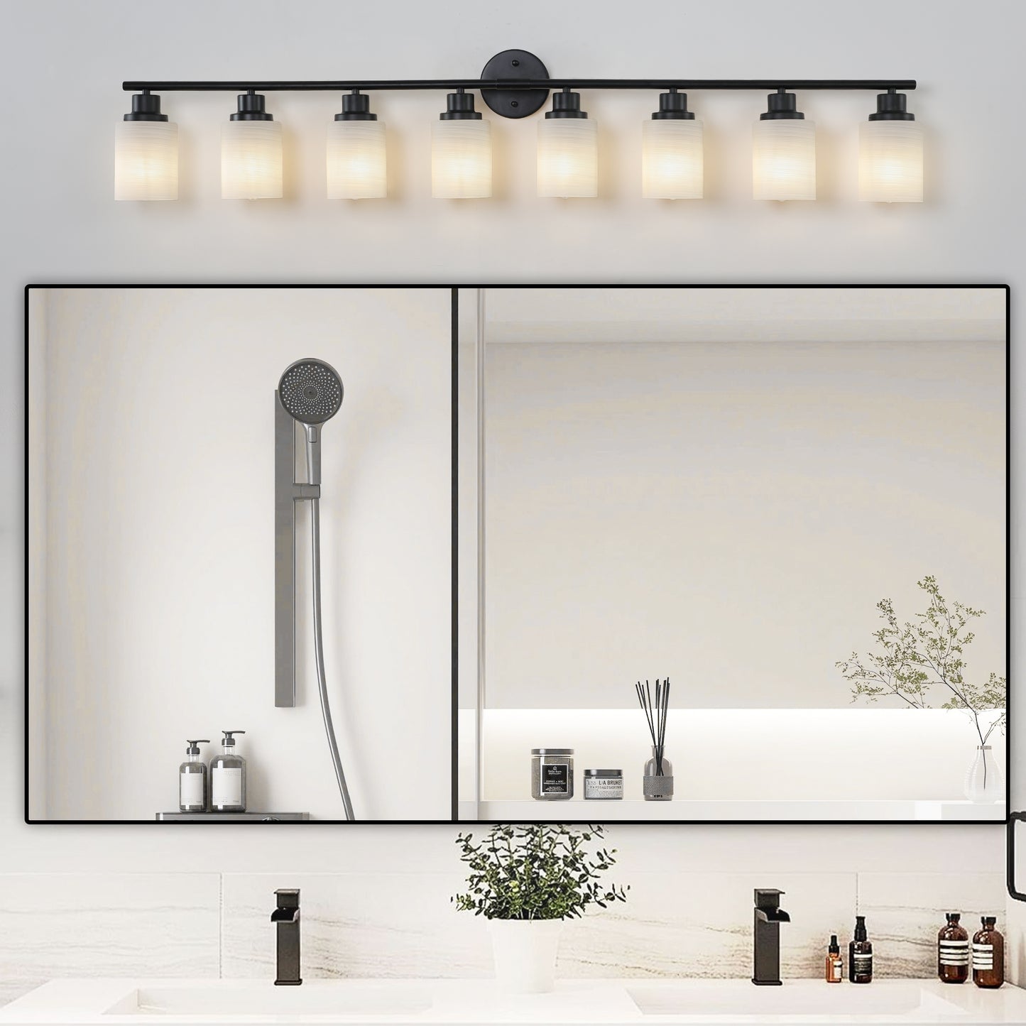 YANSUN Black & White Modern Bathroom Vanity Light, 8-Light Wall Sconce, Iron & Frosted Glass, E26 Base, Hard-Wired (Bulbs Not Included)