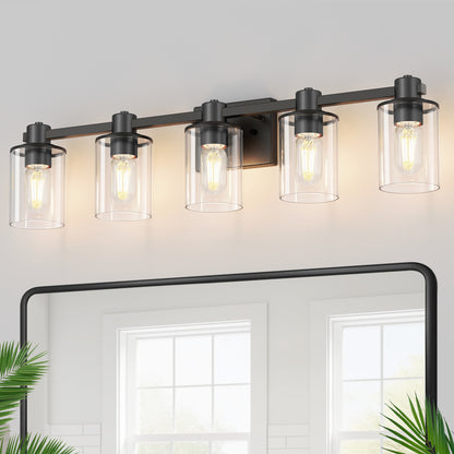 YANSUN 32 in. 5-Light Black Metal Vanity Light with Clear Glass Shade and No Bulbs Included