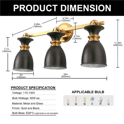 YANSUN 25 in. 3-Light Black and Gold Vanity Light with Black Cone Metal Shade Wall Sconce for Bathroom Vanity and Hallway