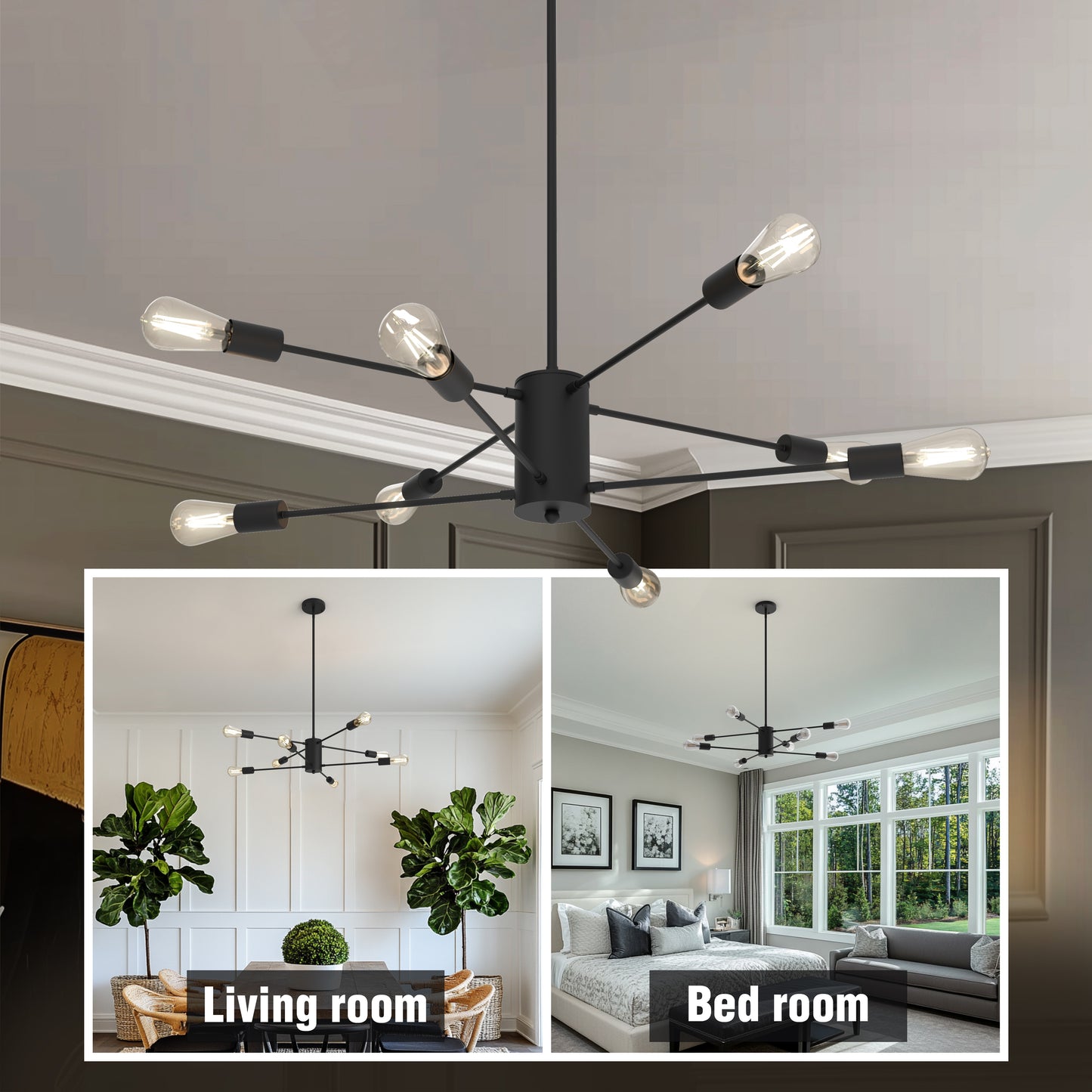 YANSUN 8-Light Modern Linear Chandelier - 2-Tier Vintage Black Pendant Light for Living Room