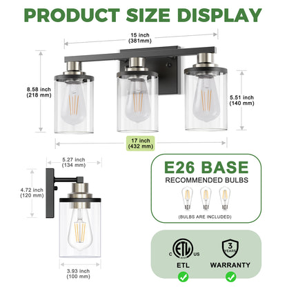 YANSUN 3-Light Vanity Mirror Light, 17-Inch Length, Matte Black & Brushed Nickel Finish, ETL Certified, E26 Sockets