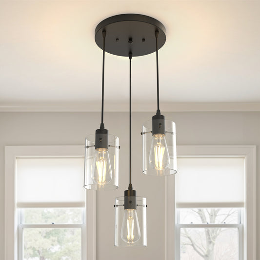 YANSUN 3-Light Espresso Vintage Cluster Hanging Ceiling light Fixture Pendant with Clear Glass Shade for Kitchen Dining Room