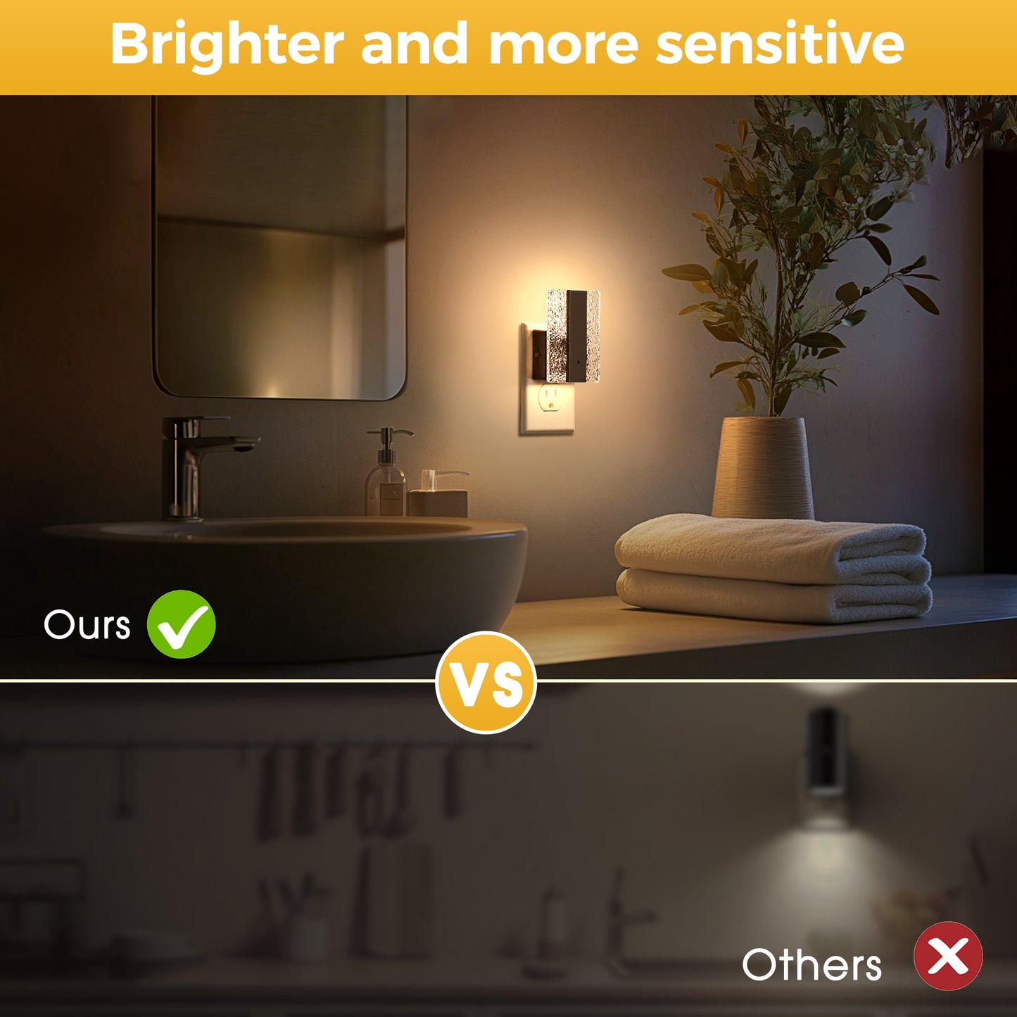 YANSUN 1-Watt Modern Square Plug-in Integrated LED Night Light with Light Sensor, Amber 3000K, Black, 2-Pack