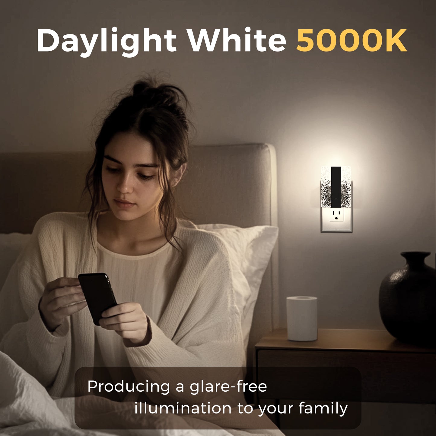 YANSUN 1-Watt Modern Square Plug-in Integrated LED Night Light with Light Sensor, Crushed Acrylic, White 5000K, Black, 2-Pack