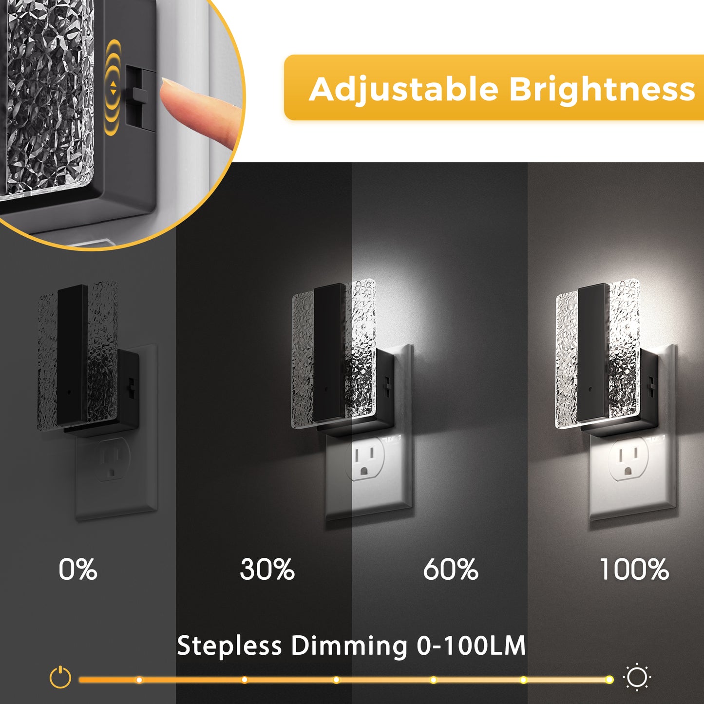 YANSUN 1-Watt Modern Square Plug-in Integrated LED Night Light with Light Sensor, Crushed Acrylic, White 5000K, Black, 2-Pack