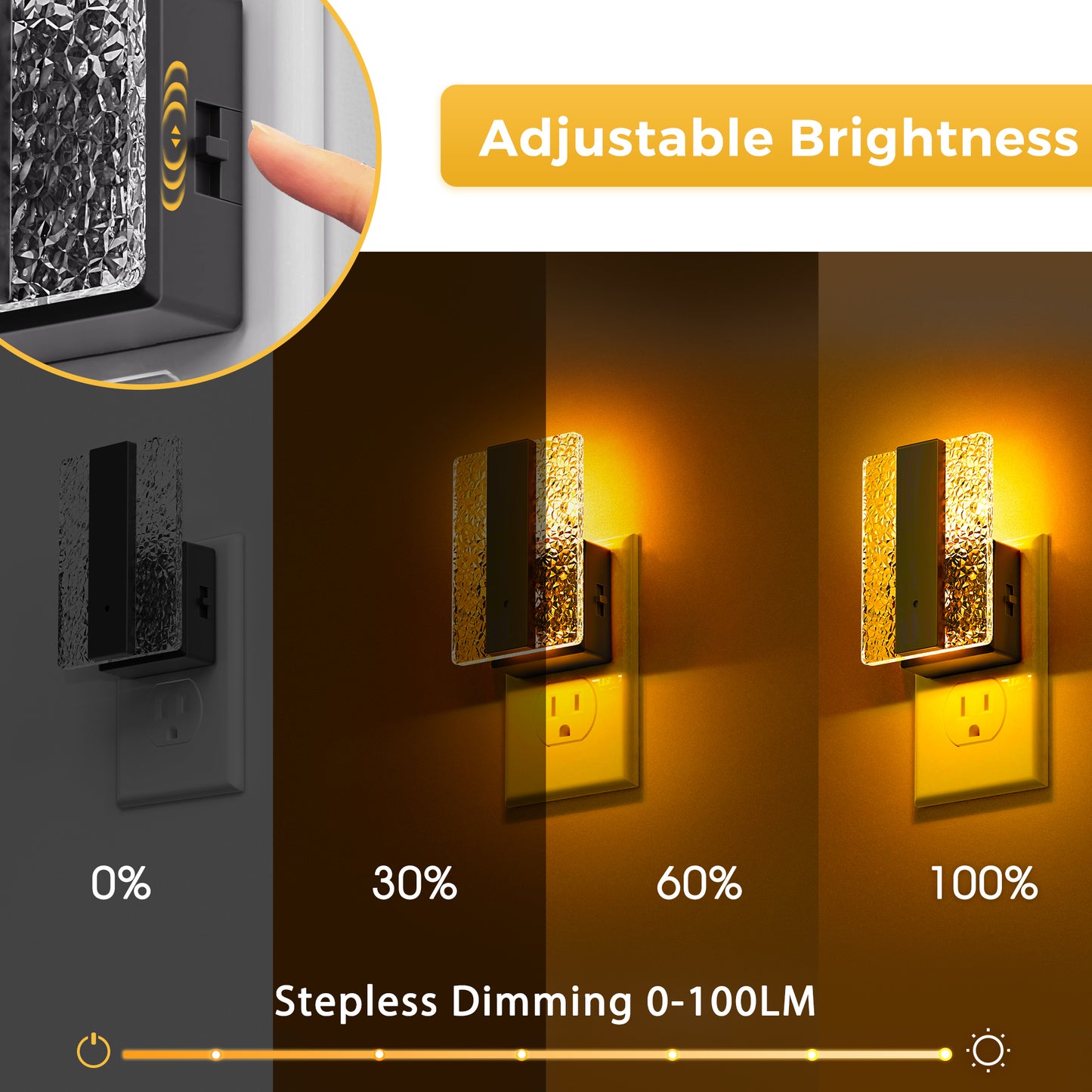 YANSUN 2-Pack Dusk to Dawn Plug-In Night Light with Dimmer, 1W Amber 2000K LED, Modern Square Crushed Acrylic, US 2-Prong Plug