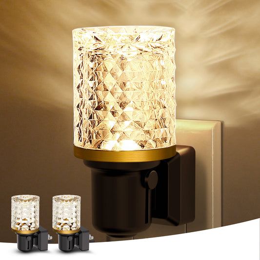 YANSUN 2-Pack Plug-In Night Lights with Crystal Columns, Gold Ring Accents, 3000K Warm Glow, Dimmable Function