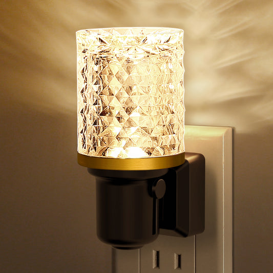 YANSUN 2-Pack Plug-In Night Lights with Crystal Columns, Gold Ring Accents, 3000K Warm Glow, Dimmable Function