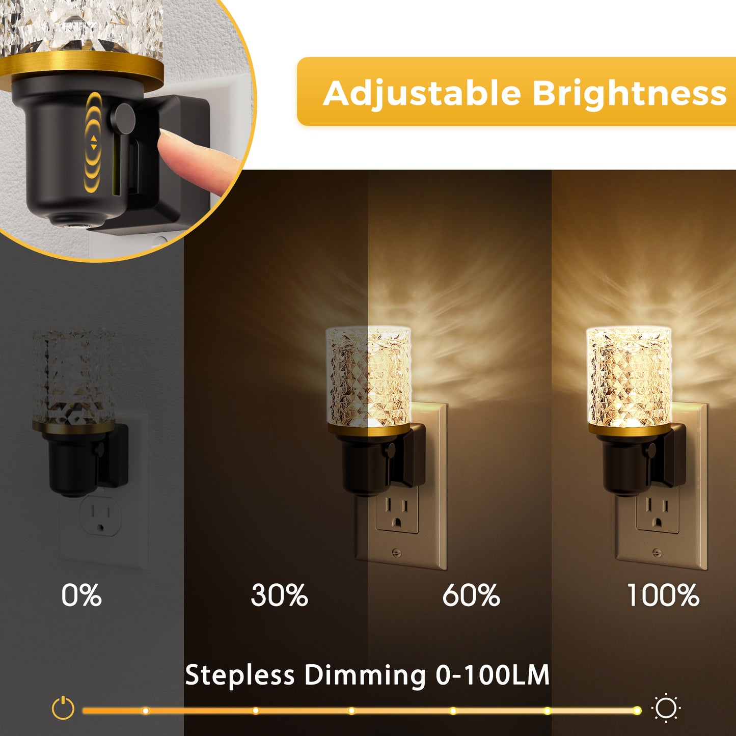YANSUN 2-Pack Plug-In Night Lights with Crystal Columns, Gold Ring Accents, 3000K Warm Glow, Dimmable Function