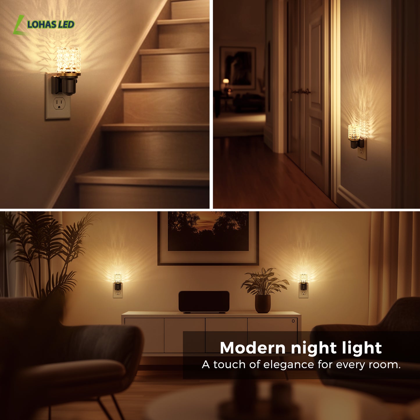 YANSUN 2-Pack Plug-In Night Lights with Crystal Columns, Gold Ring Accents, 3000K Warm Glow, Dimmable Function