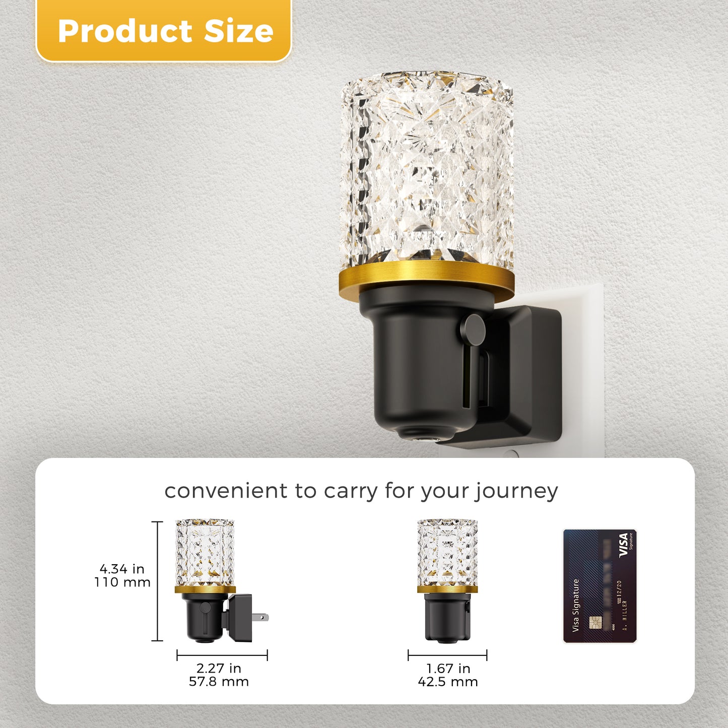 YANSUN 2-Pack Plug-In Night Lights with Crystal Columns, Gold Ring Accents, 3000K Warm Glow, Dimmable Function