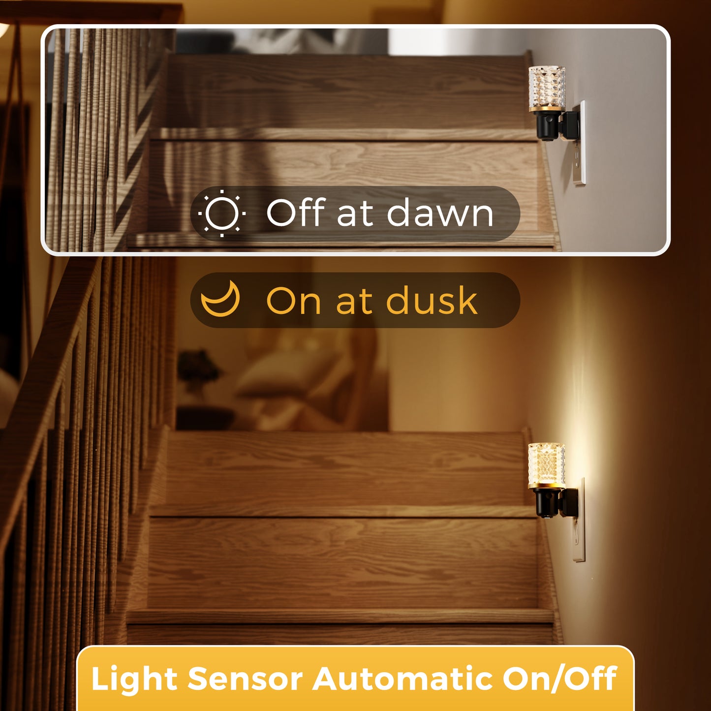 YANSUN 2-Pack Plug-In Night Lights with Crystal Columns, Gold Ring Accents, 3000K Warm Glow, Dimmable Function