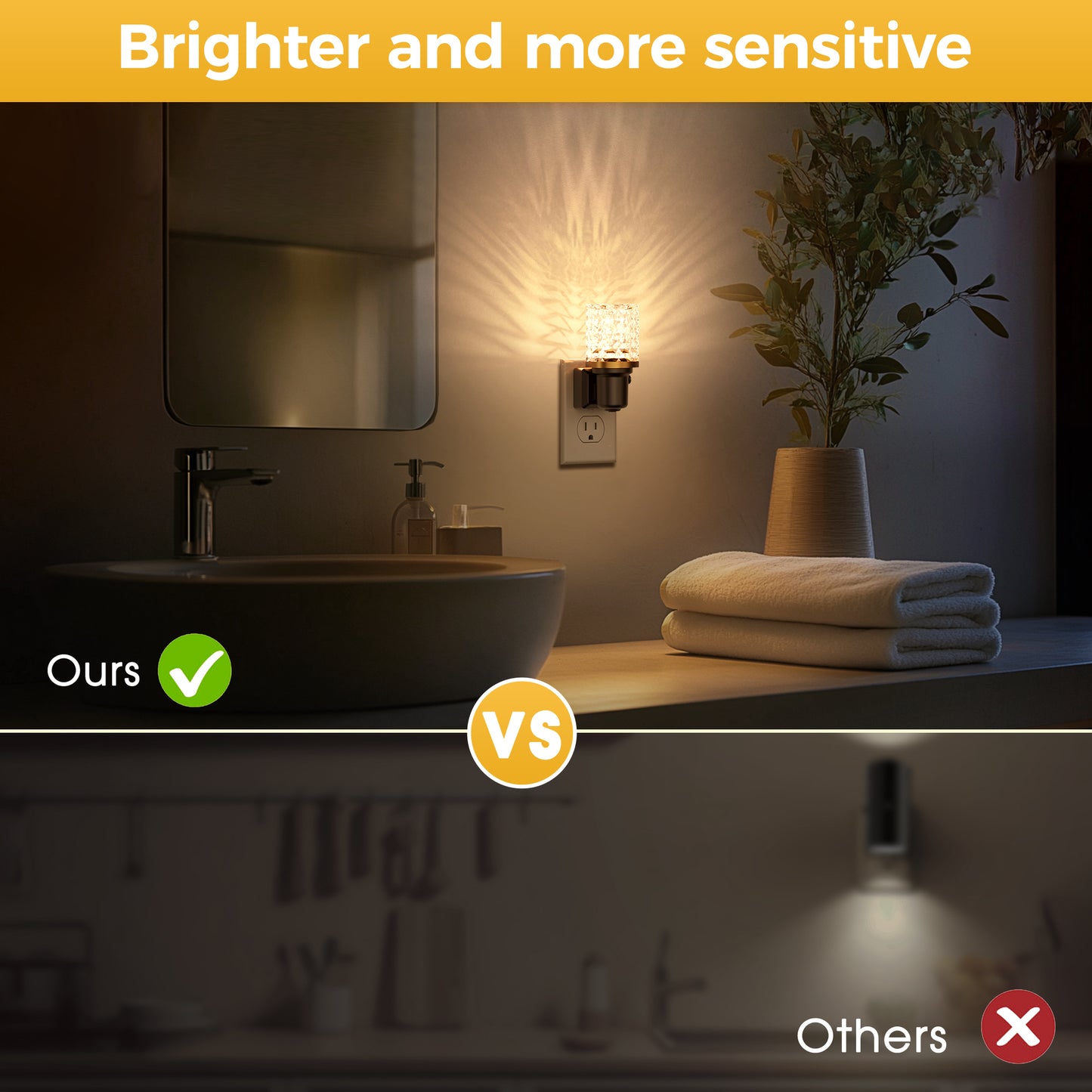 YANSUN 2-Pack Plug-In Night Lights with Crystal Columns, Gold Ring Accents, 3000K Warm Glow, Dimmable Function