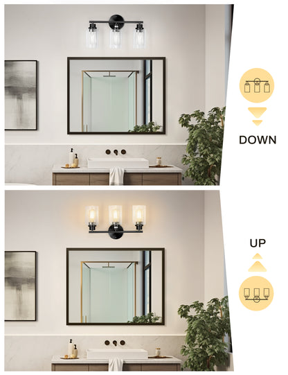 YANSUN 3-Light Black Vanity Wall Light, Transparent Glass Shades, Non-Integrated E26 Bulbs, Modern Bathroom & Bedroom Lighting, US Standard