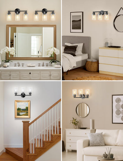 YANSUN 3-Light Black Vanity Wall Light, Transparent Glass Shades, Non-Integrated E26 Bulbs, Modern Bathroom & Bedroom Lighting, US Standard